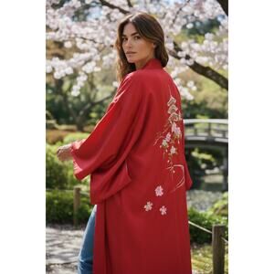 Vintage Red Floral Silk Women Short Robe Vintage Silk Robe Summer Robe Bathrobe